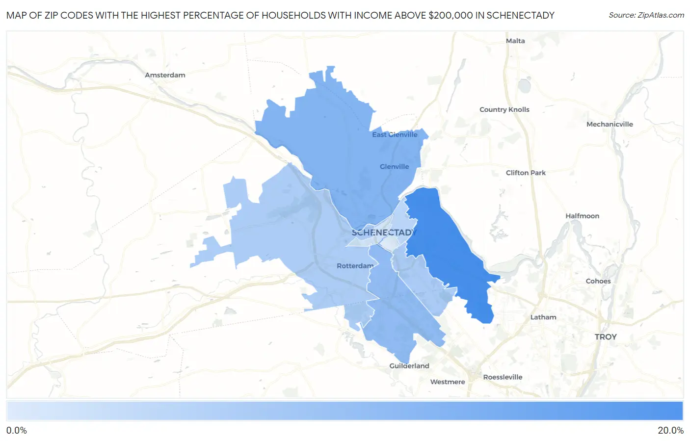 Zip Codes with the Highest Percentage of Households with Income Above $200,000 in Schenectady Map