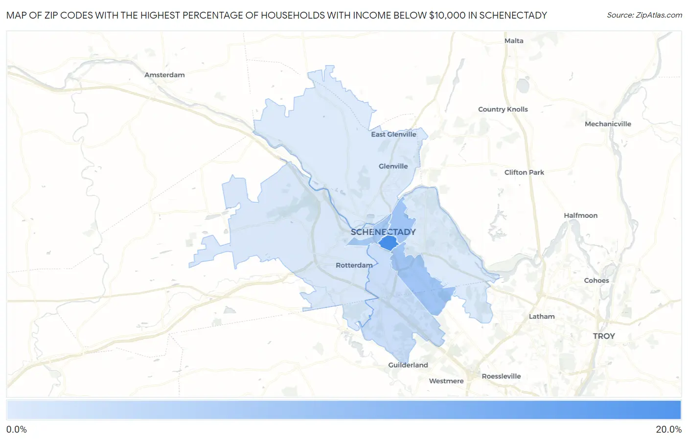 Zip Codes with the Highest Percentage of Households with Income Below $10,000 in Schenectady Map