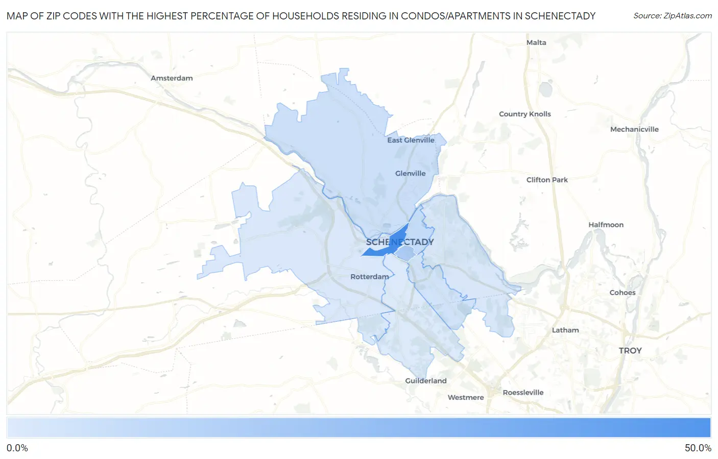 Zip Codes with the Highest Percentage of Households Residing in Condos/Apartments in Schenectady Map