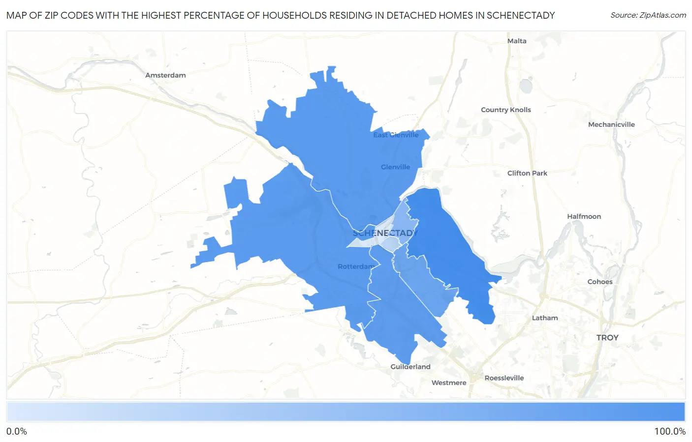 Zip Codes with the Highest Percentage of Households Residing in Detached Homes in Schenectady Map