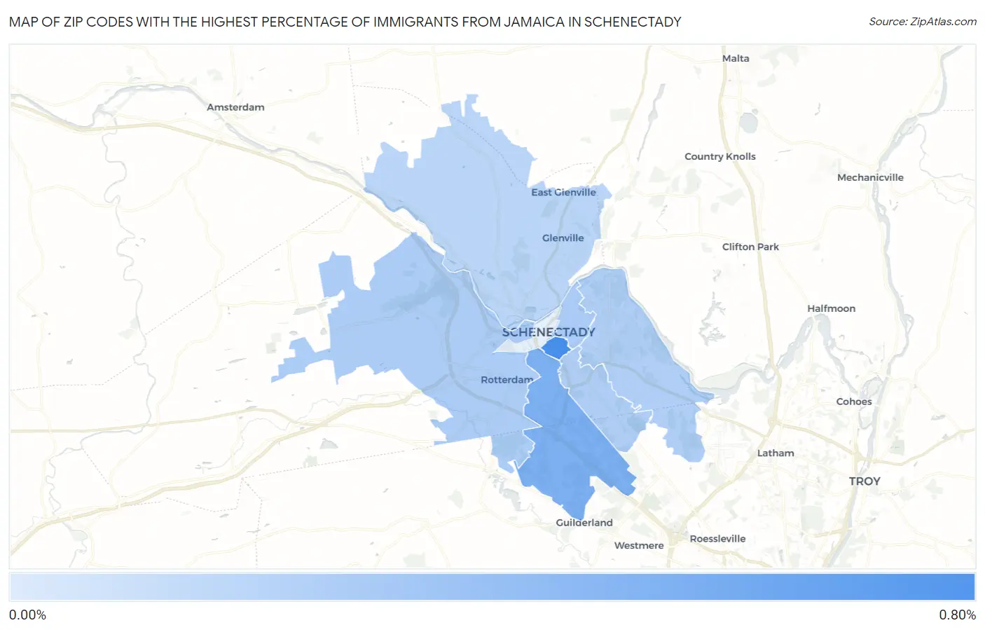 Zip Codes with the Highest Percentage of Immigrants from Jamaica in Schenectady Map