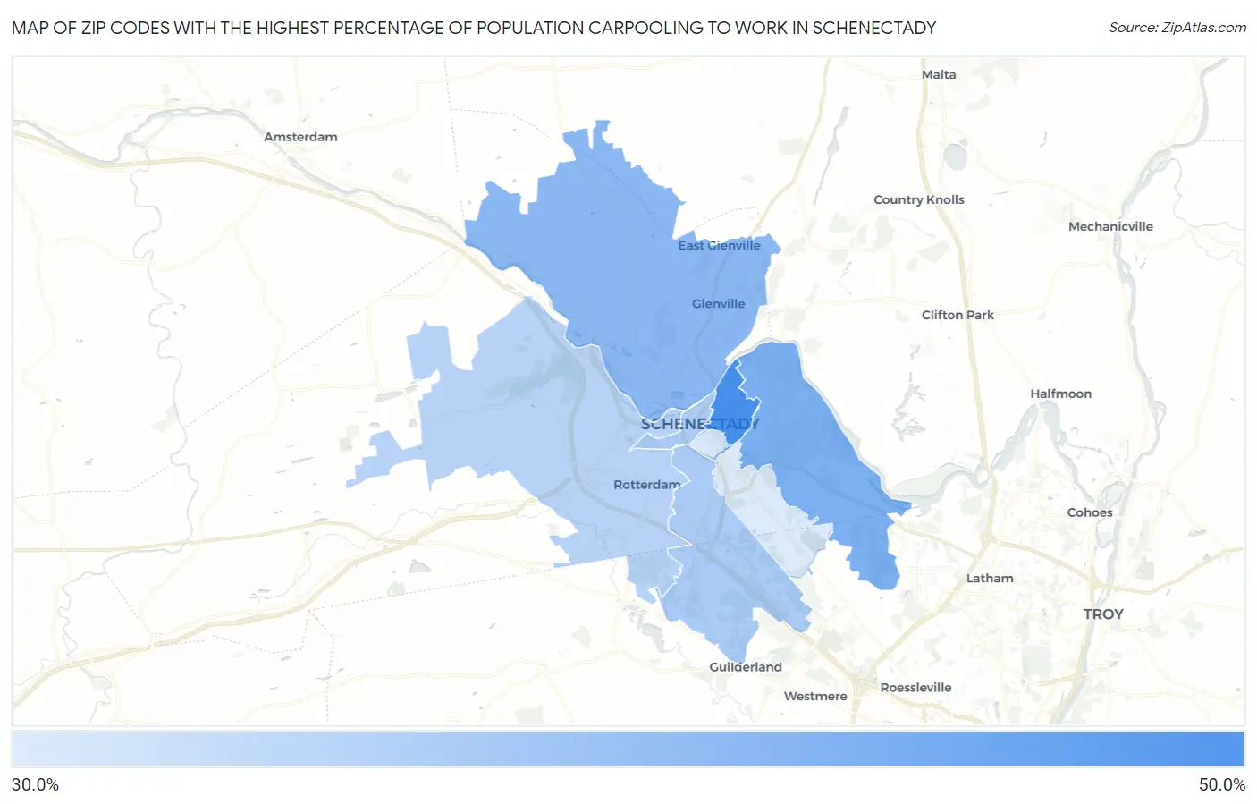 Zip Codes with the Highest Percentage of Population Carpooling to Work in Schenectady Map