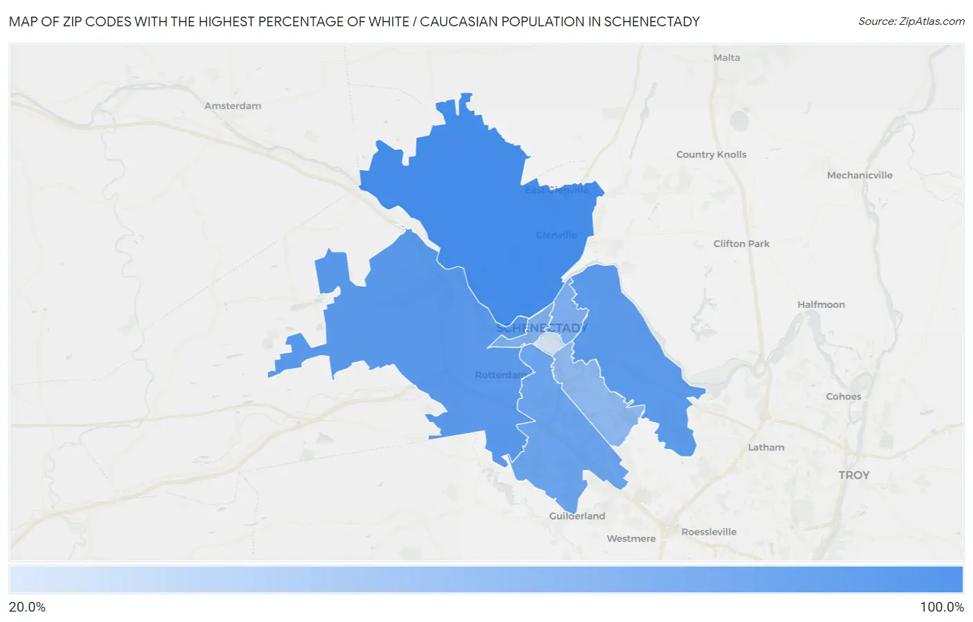 Zip Codes with the Highest Percentage of White / Caucasian Population in Schenectady Map