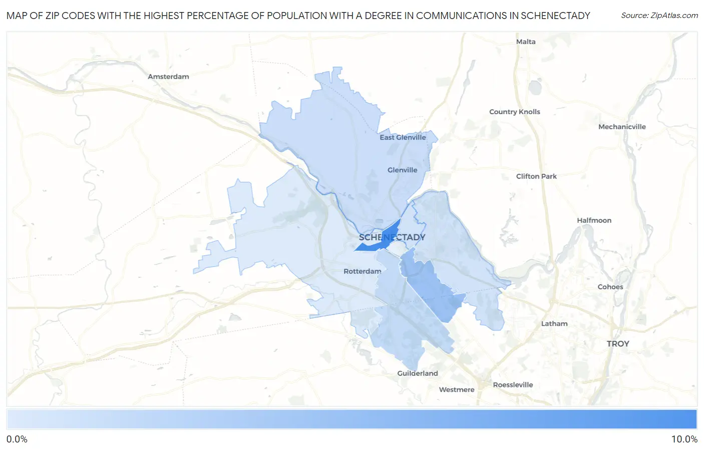 Zip Codes with the Highest Percentage of Population with a Degree in Communications in Schenectady Map