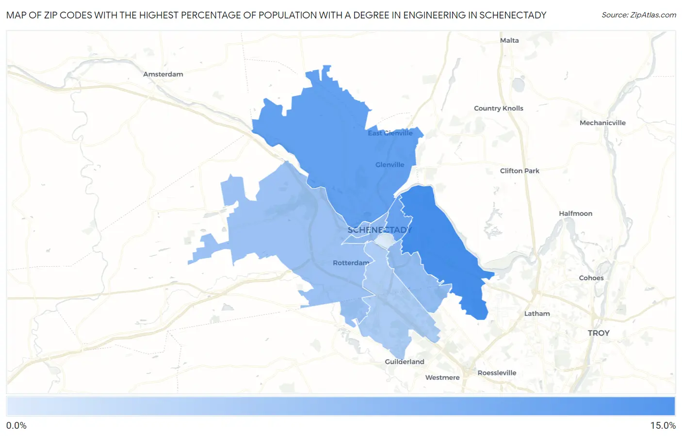 Zip Codes with the Highest Percentage of Population with a Degree in Engineering in Schenectady Map