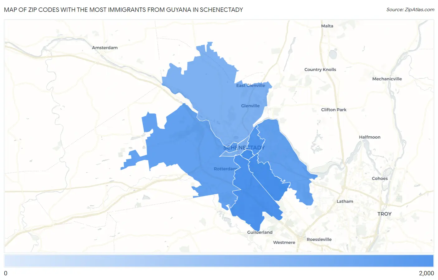 Zip Codes with the Most Immigrants from Guyana in Schenectady Map
