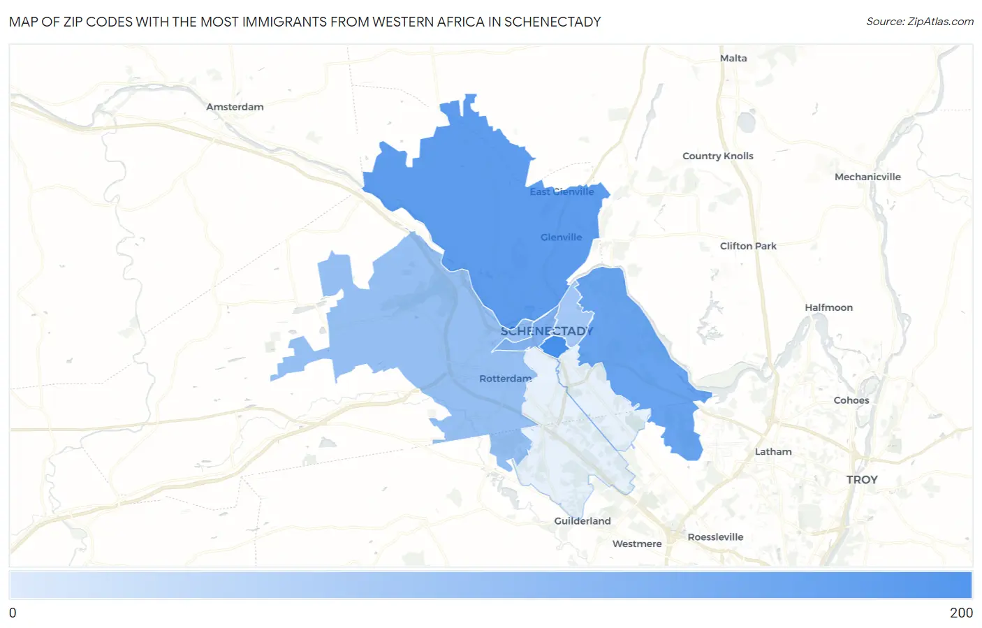 Zip Codes with the Most Immigrants from Western Africa in Schenectady Map