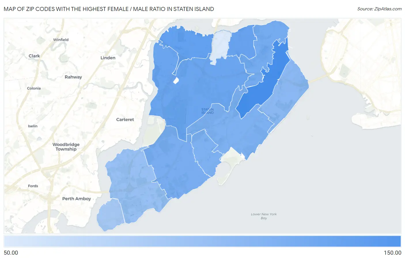 Zip Codes with the Highest Female / Male Ratio in Staten Island Map