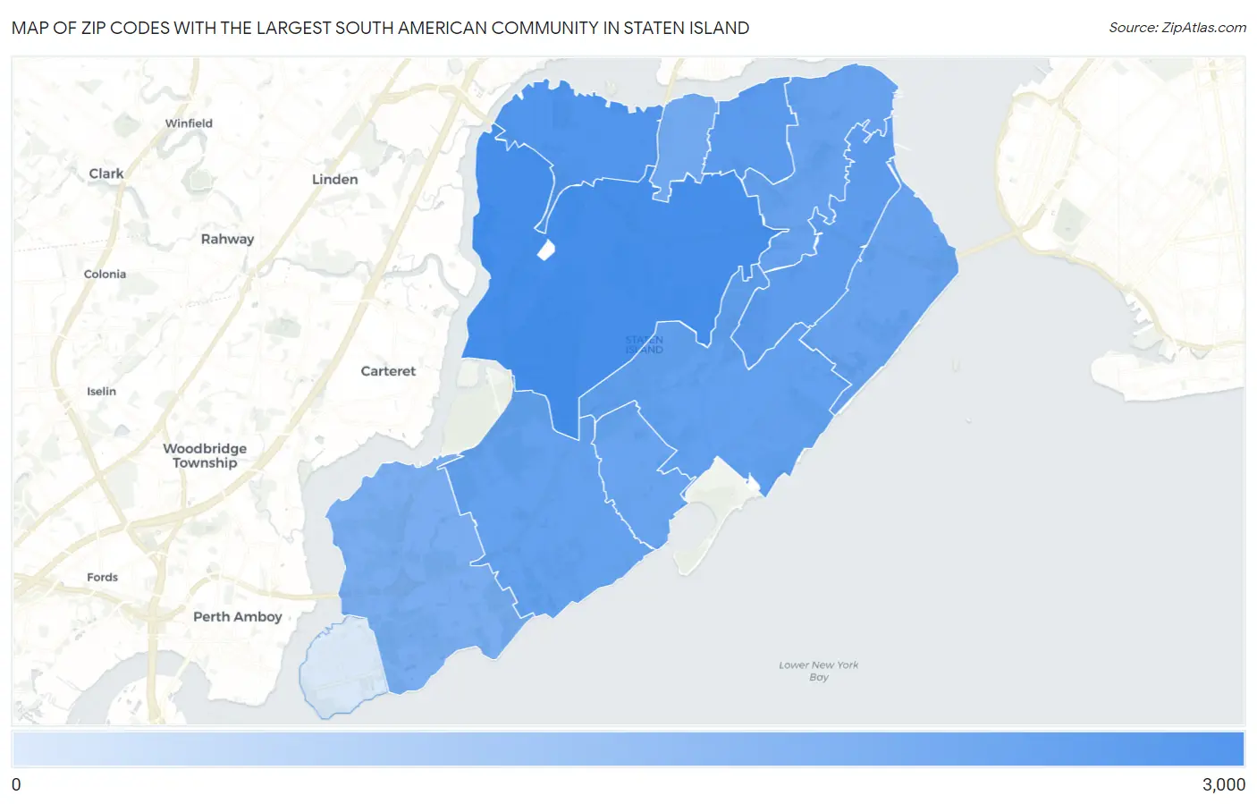 Zip Codes with the Largest South American Community in Staten Island Map