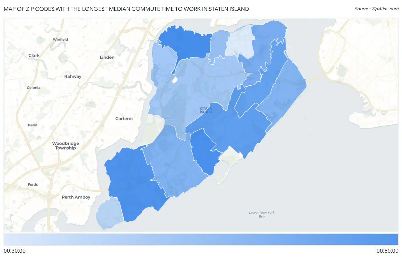 Zip Codes with the Longest Median Commute Time to Work in Staten Island Map