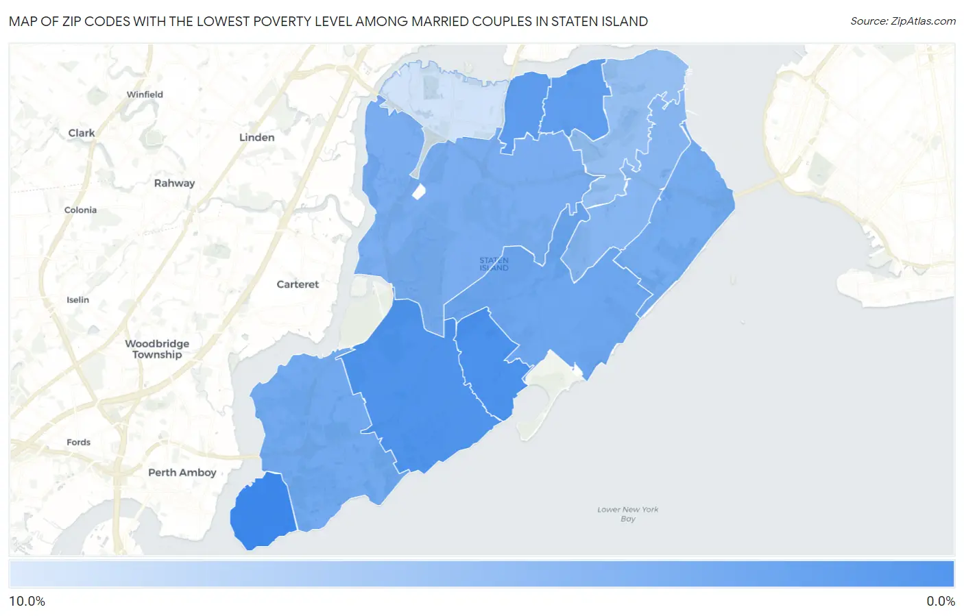 Zip Codes with the Lowest Poverty Level Among Married Couples in Staten Island Map