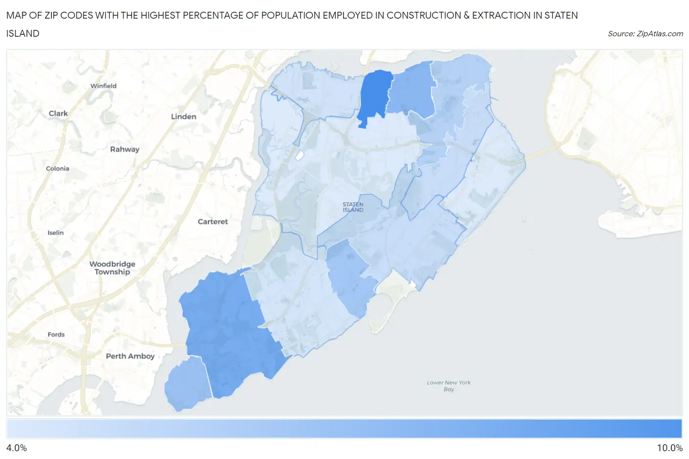 Zip Codes with the Highest Percentage of Population Employed in Construction & Extraction in Staten Island Map