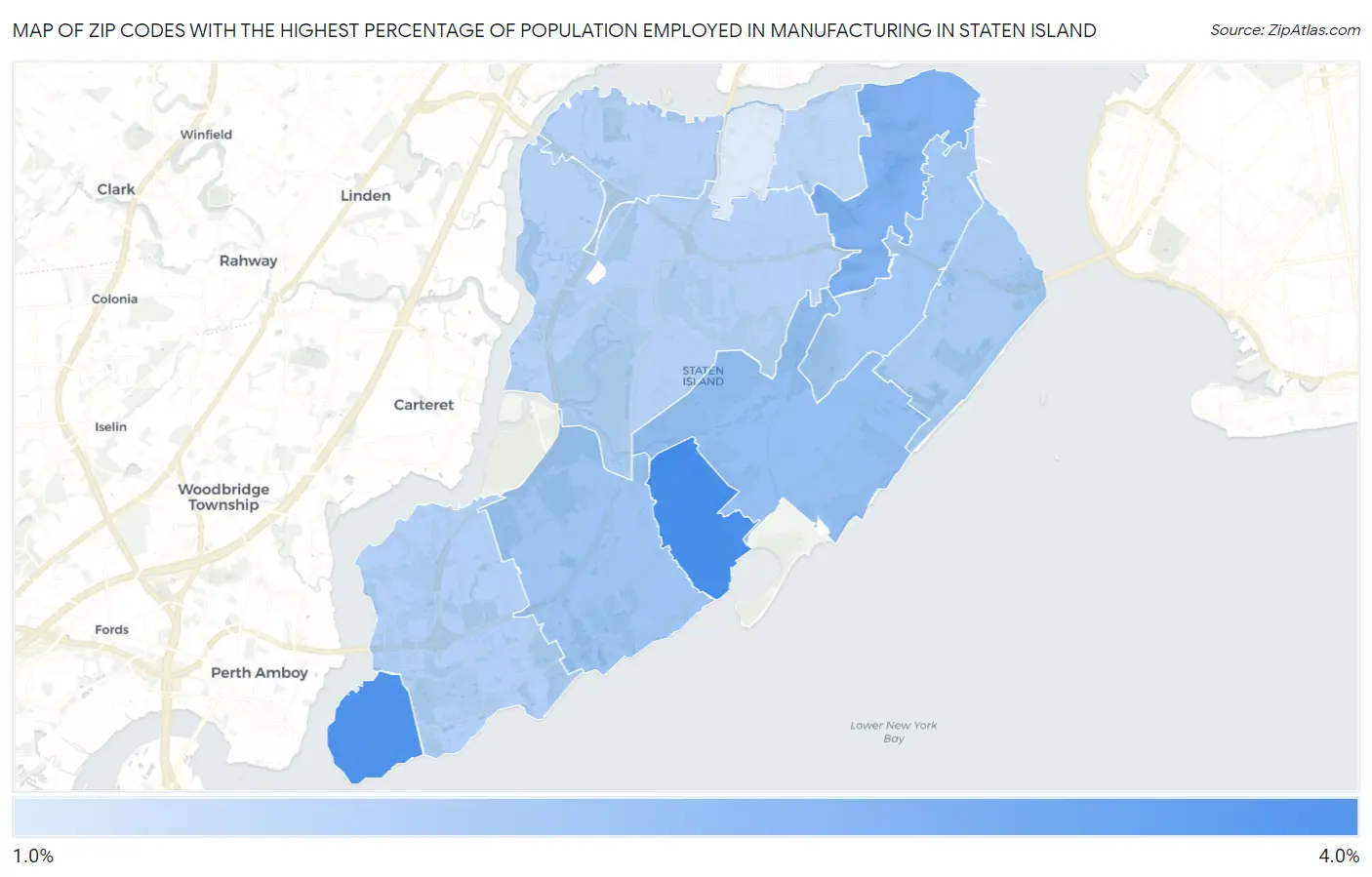 Zip Codes with the Highest Percentage of Population Employed in Manufacturing in Staten Island Map