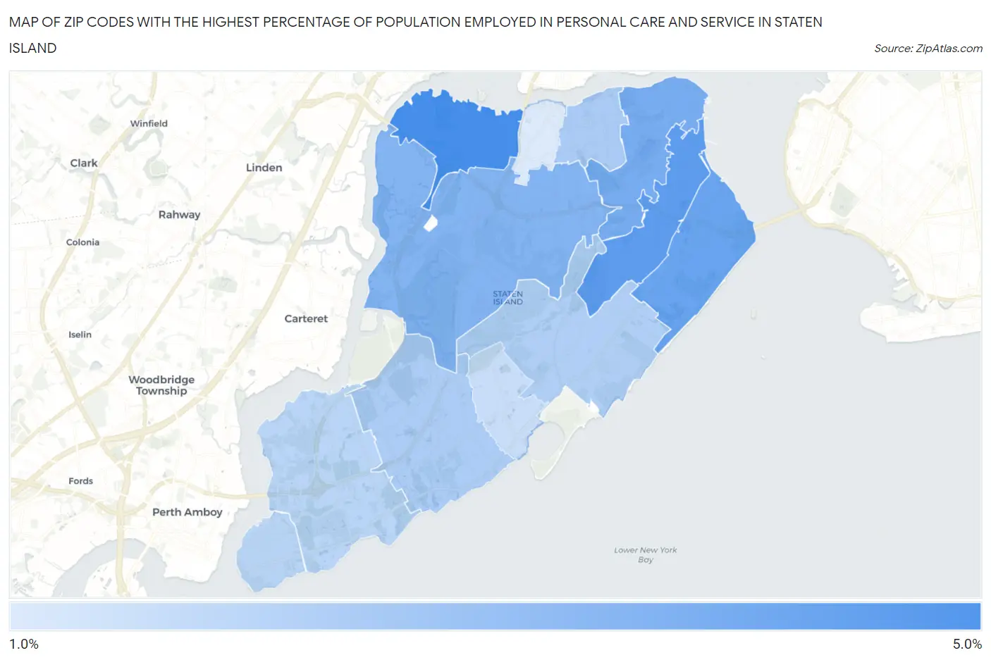 Zip Codes with the Highest Percentage of Population Employed in Personal Care and Service in Staten Island Map