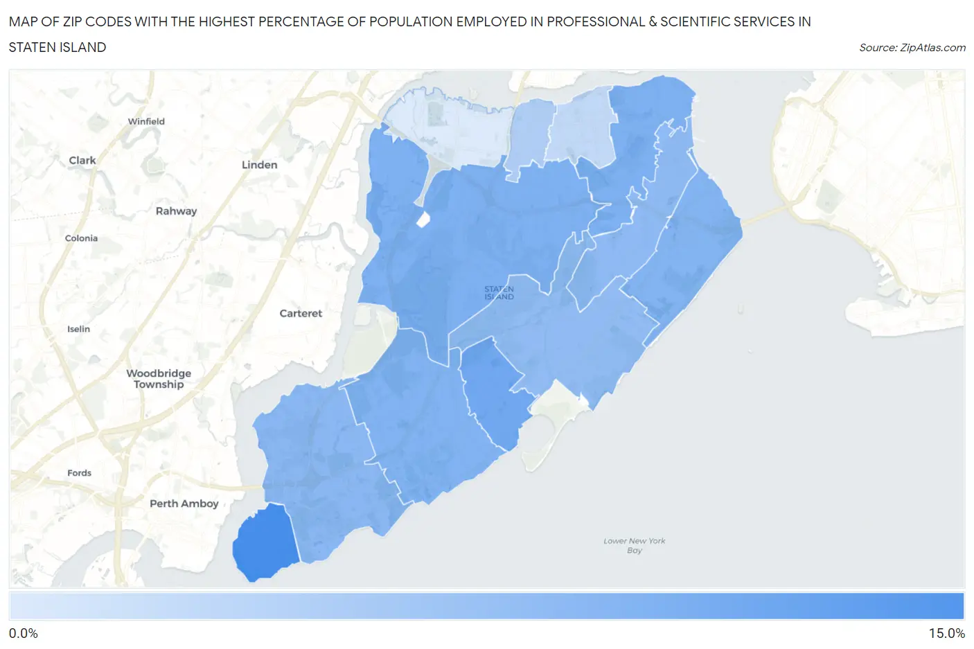 Zip Codes with the Highest Percentage of Population Employed in Professional & Scientific Services in Staten Island Map