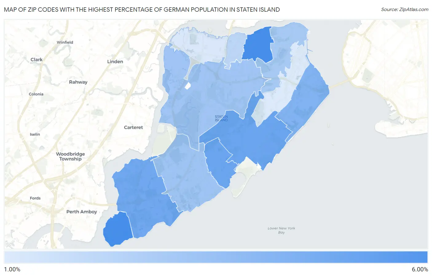 Zip Codes with the Highest Percentage of German Population in Staten Island Map