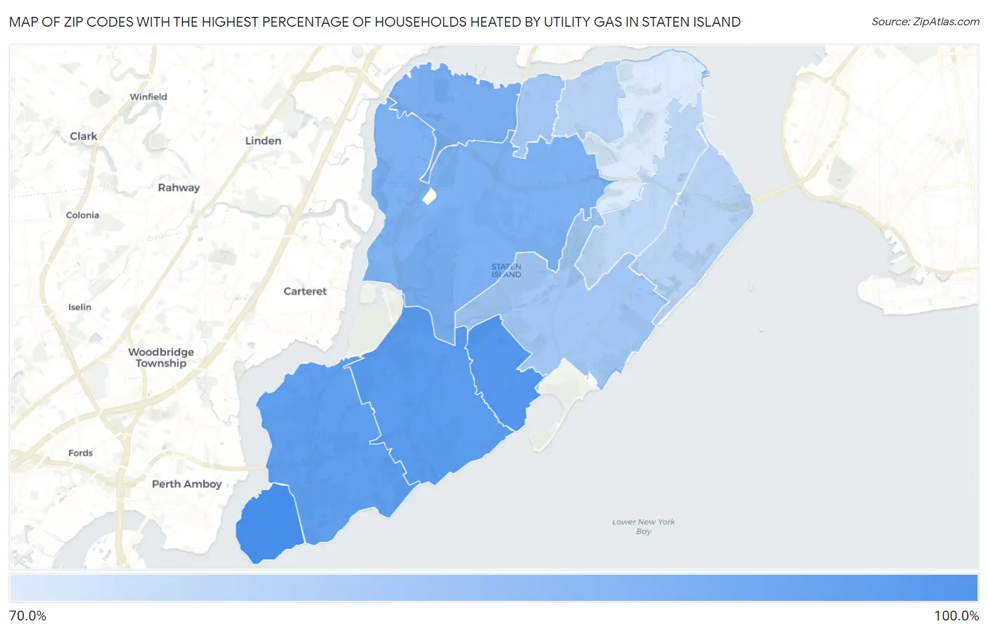 Zip Codes with the Highest Percentage of Households Heated by Utility Gas in Staten Island Map