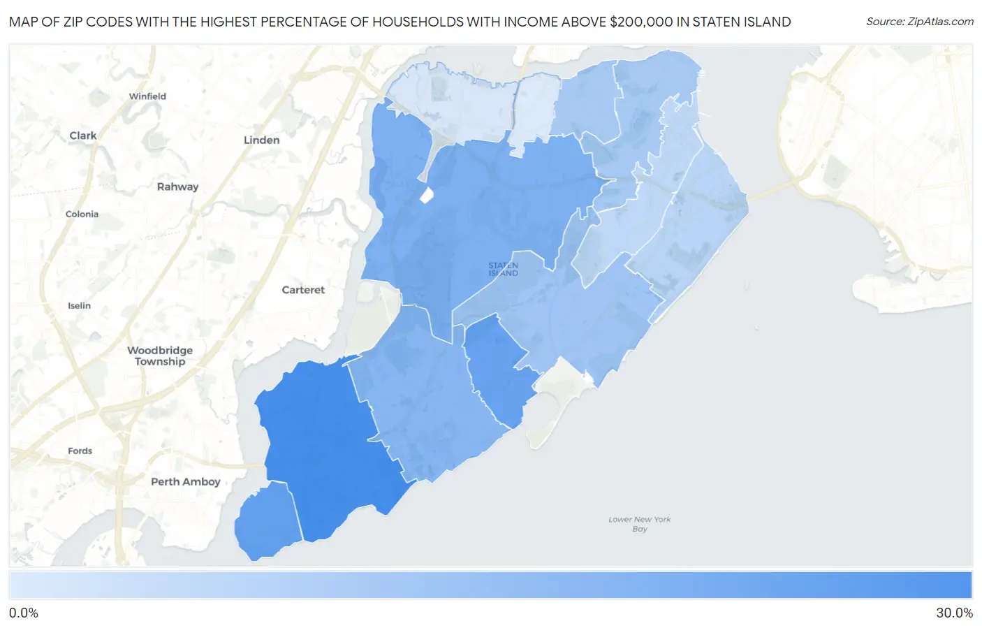 Zip Codes with the Highest Percentage of Households with Income Above $200,000 in Staten Island Map