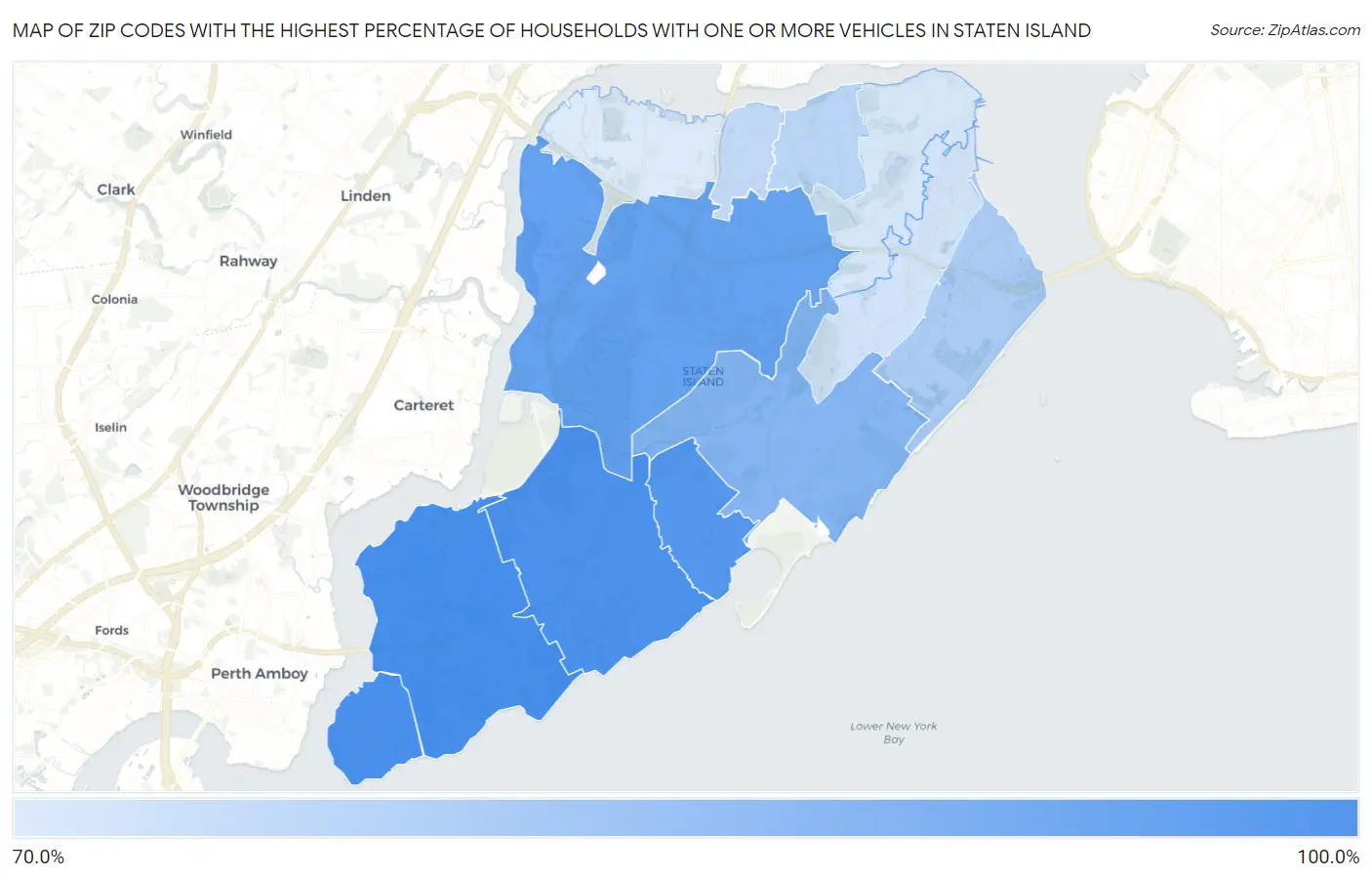 Zip Codes with the Highest Percentage of Households With One or more Vehicles in Staten Island Map