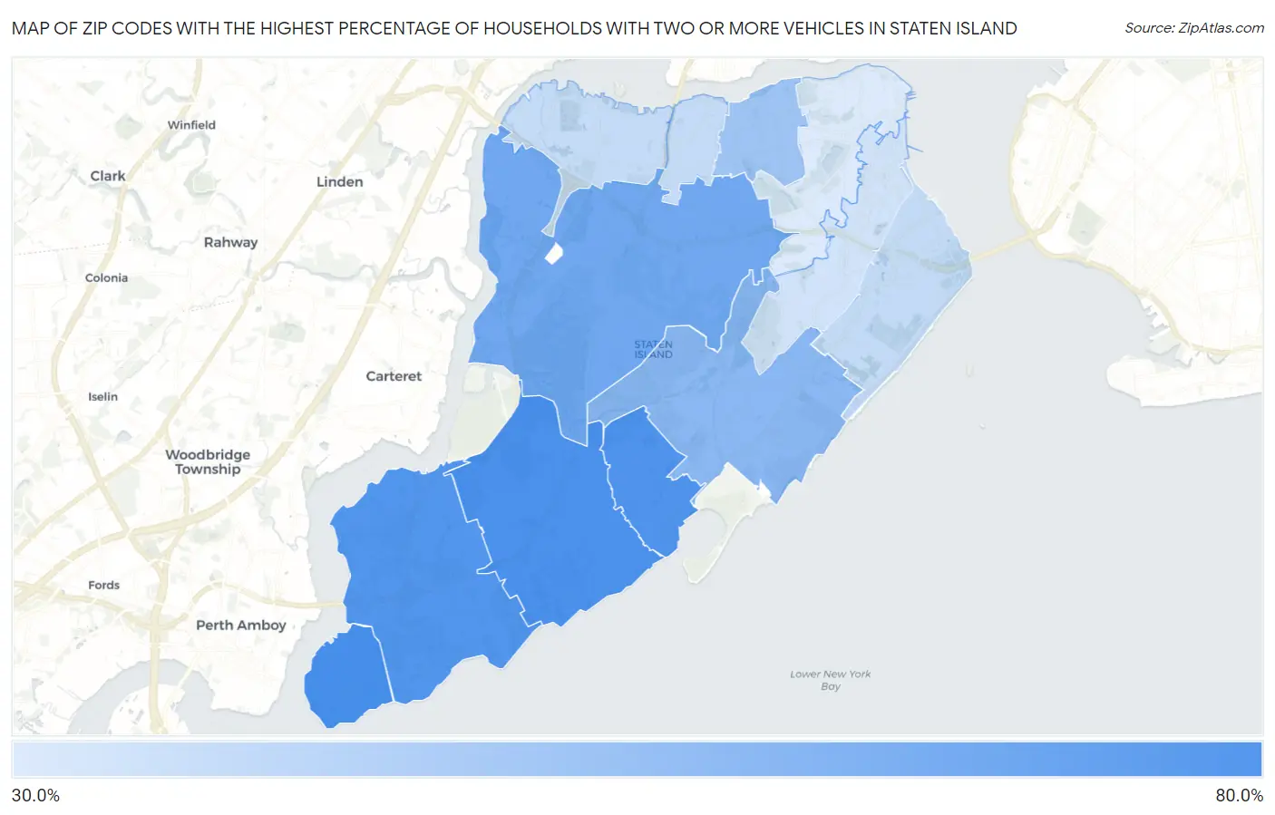 Zip Codes with the Highest Percentage of Households With Two or more Vehicles in Staten Island Map