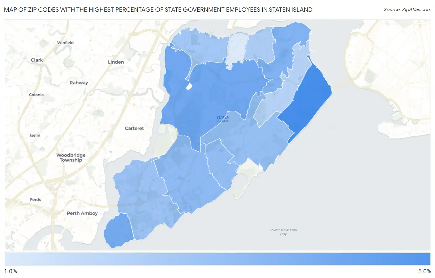 Zip Codes with the Highest Percentage of State Government Employees in Staten Island Map