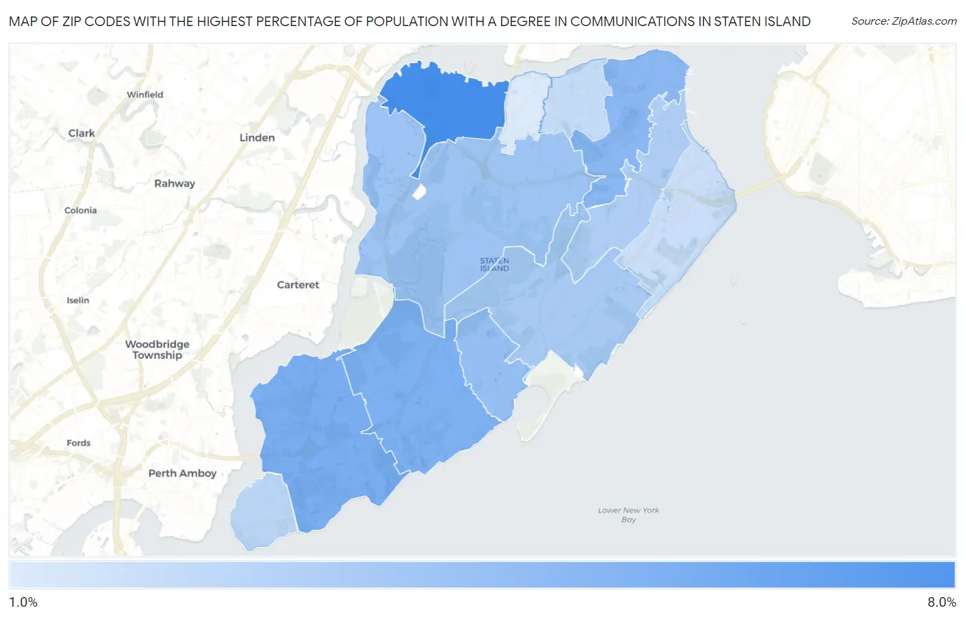 Zip Codes with the Highest Percentage of Population with a Degree in Communications in Staten Island Map
