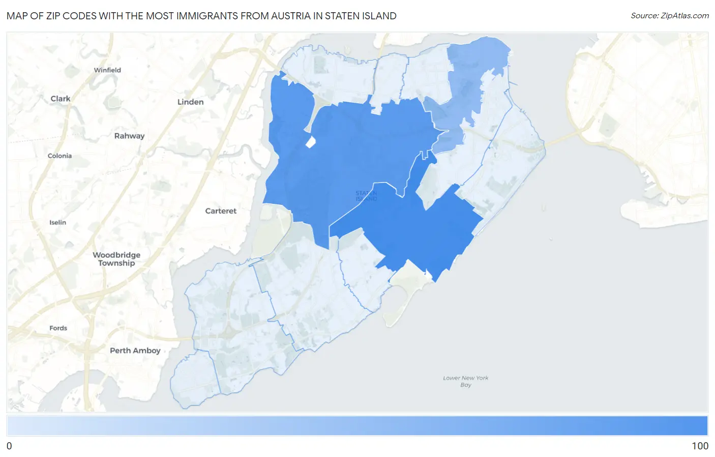 Zip Codes with the Most Immigrants from Austria in Staten Island Map