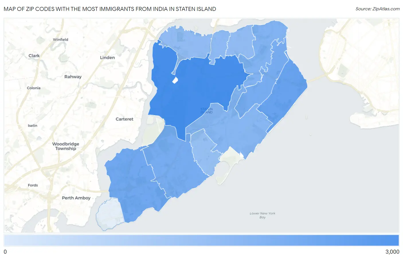 Zip Codes with the Most Immigrants from India in Staten Island Map
