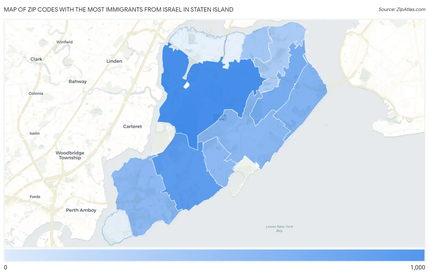 Zip Codes with the Most Immigrants from Israel in Staten Island Map