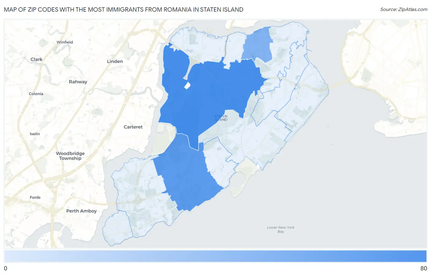 Zip Codes with the Most Immigrants from Romania in Staten Island Map