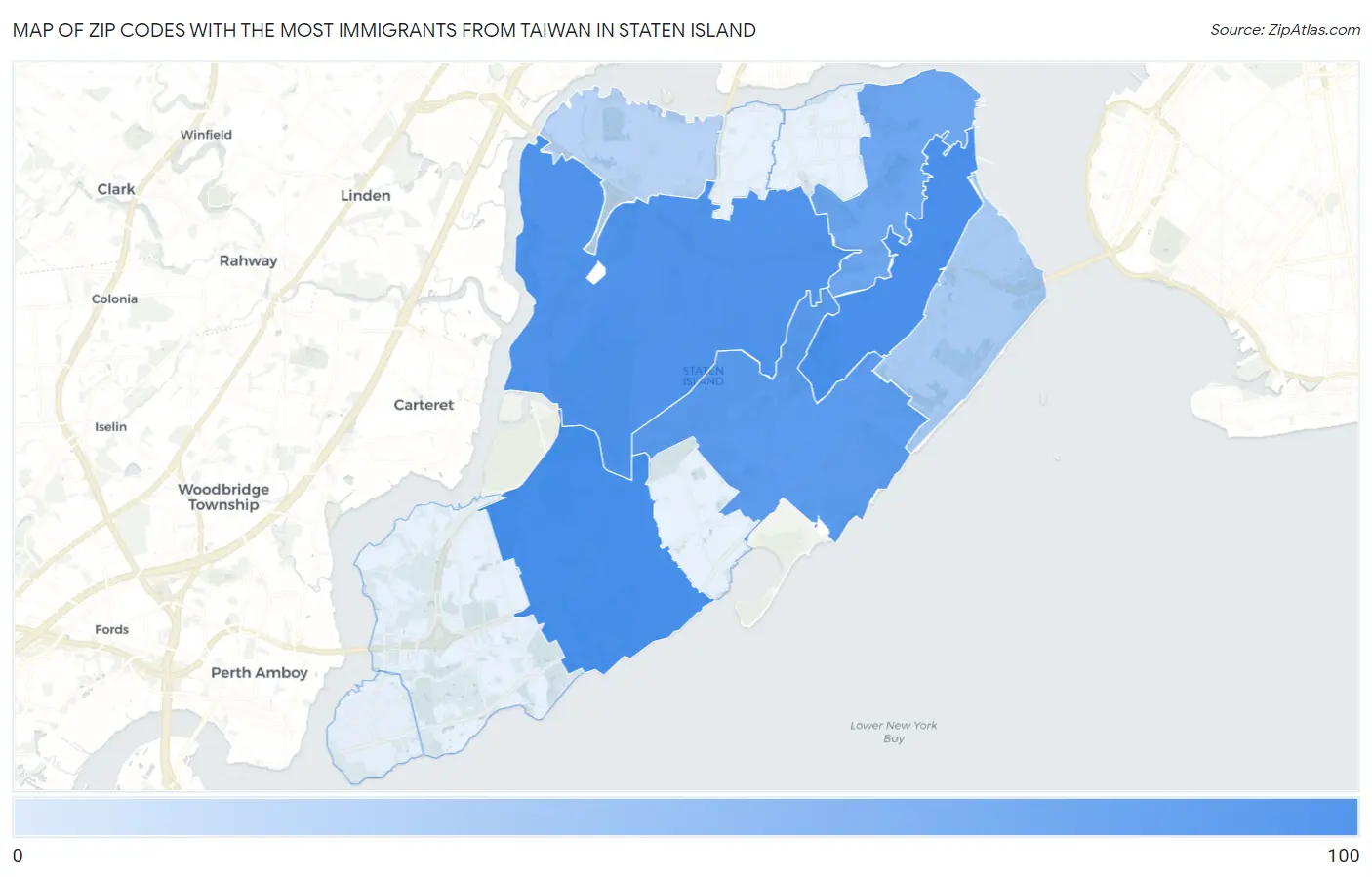 Zip Codes with the Most Immigrants from Taiwan in Staten Island Map