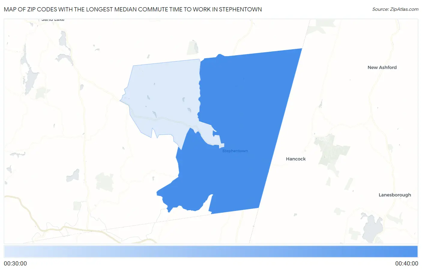 Zip Codes with the Longest Median Commute Time to Work in Stephentown Map