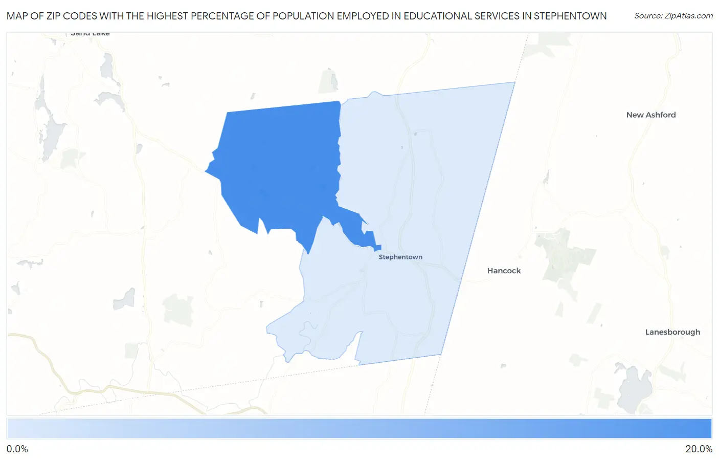 Zip Codes with the Highest Percentage of Population Employed in Educational Services in Stephentown Map
