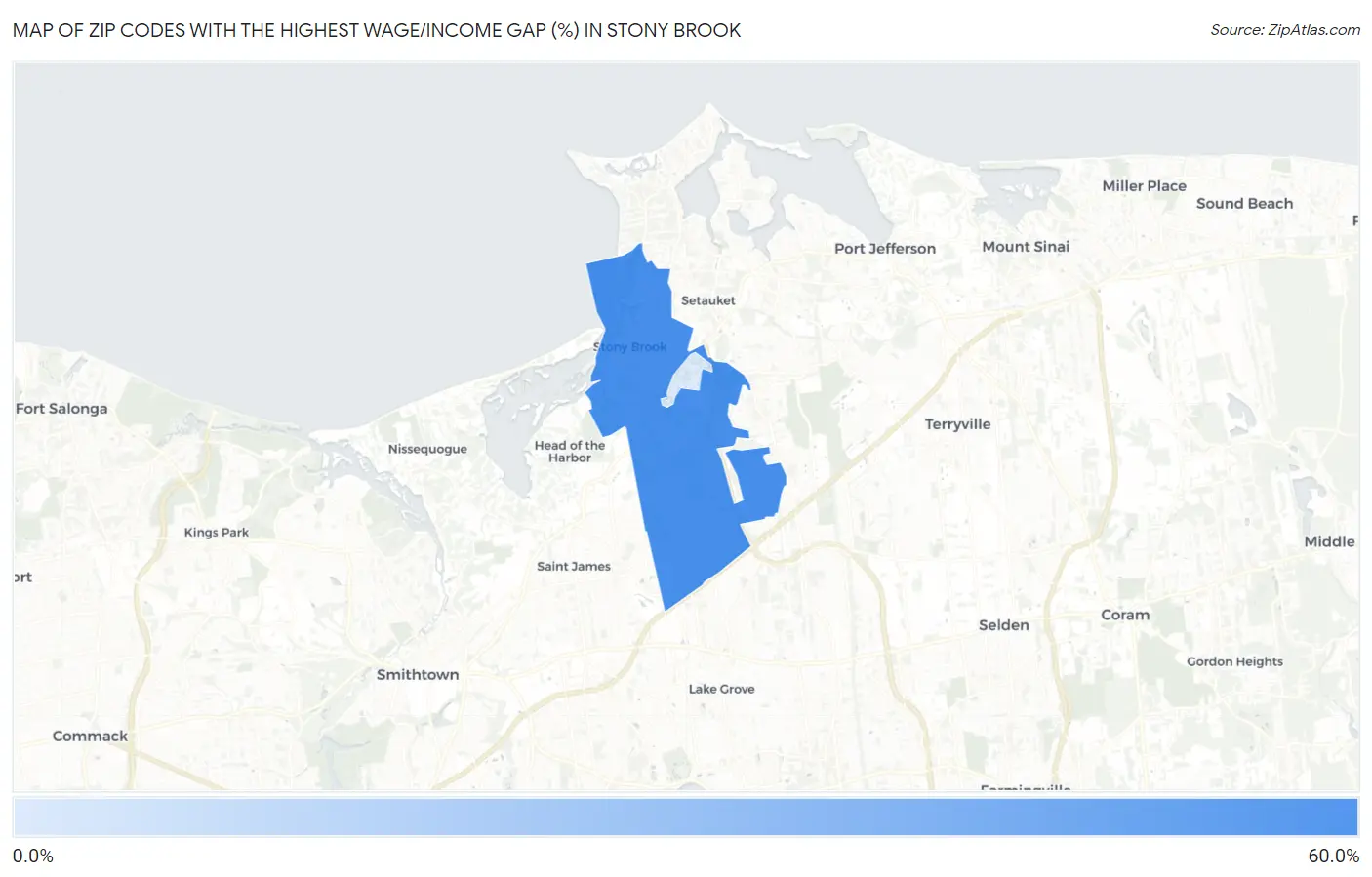 Zip Codes with the Highest Wage/Income Gap (%) in Stony Brook Map
