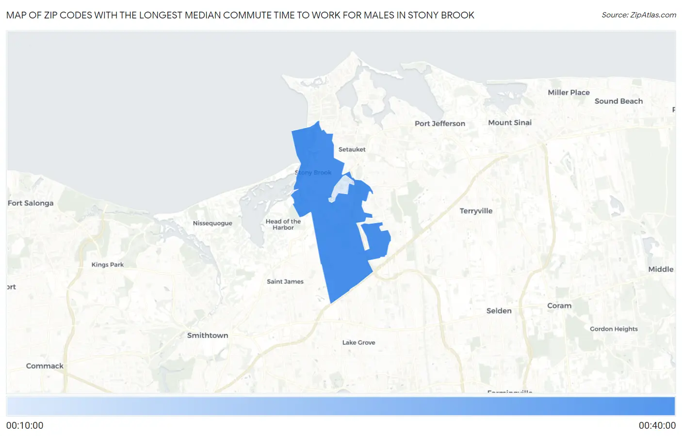 Zip Codes with the Longest Median Commute Time to Work for Males in Stony Brook Map