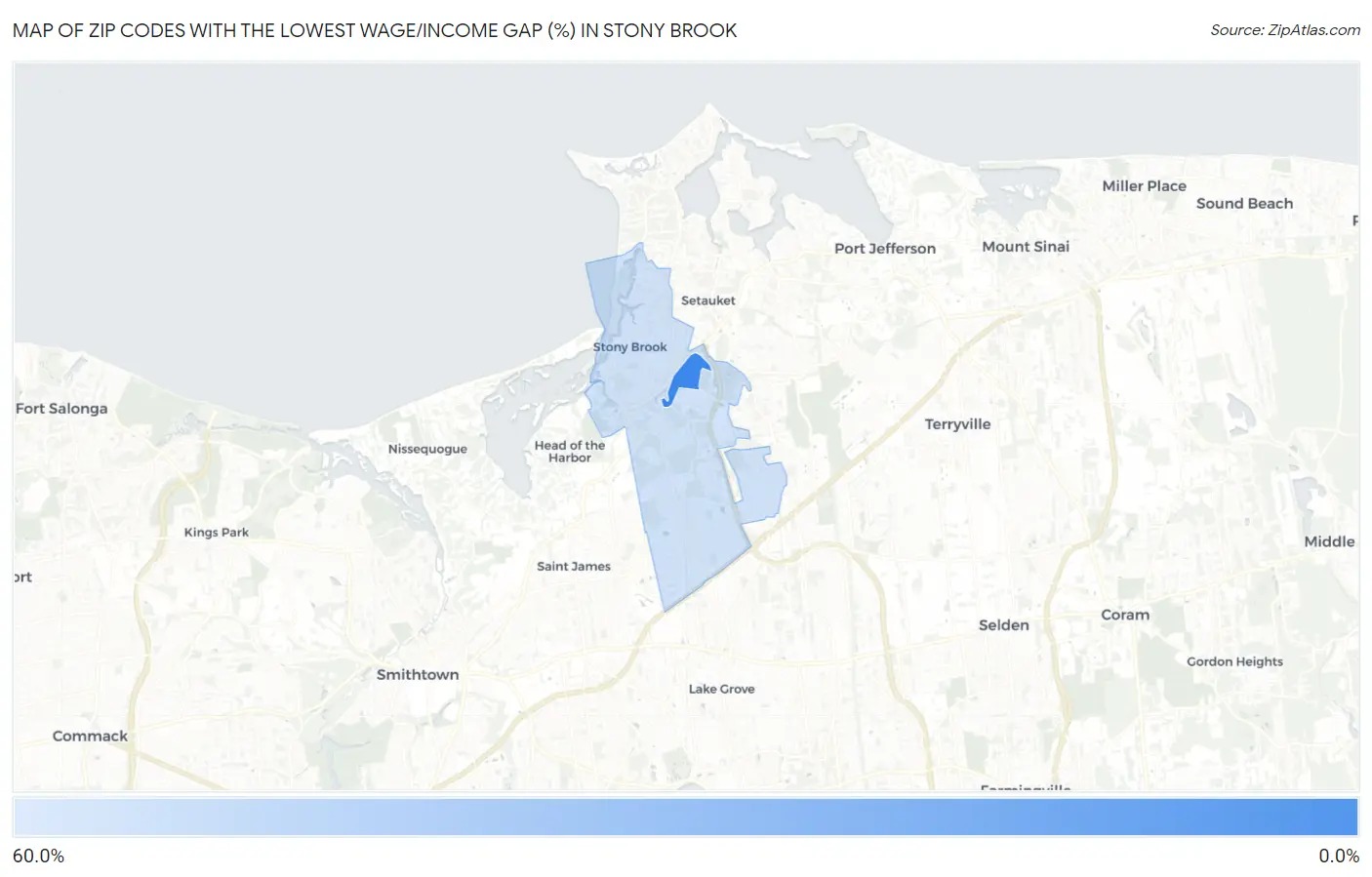 Zip Codes with the Lowest Wage/Income Gap (%) in Stony Brook Map