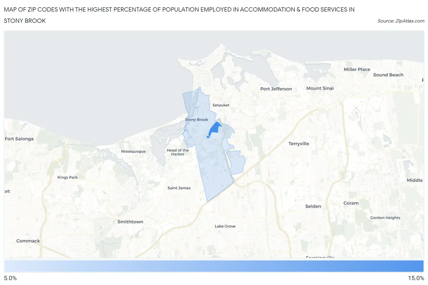 Zip Codes with the Highest Percentage of Population Employed in Accommodation & Food Services in Stony Brook Map