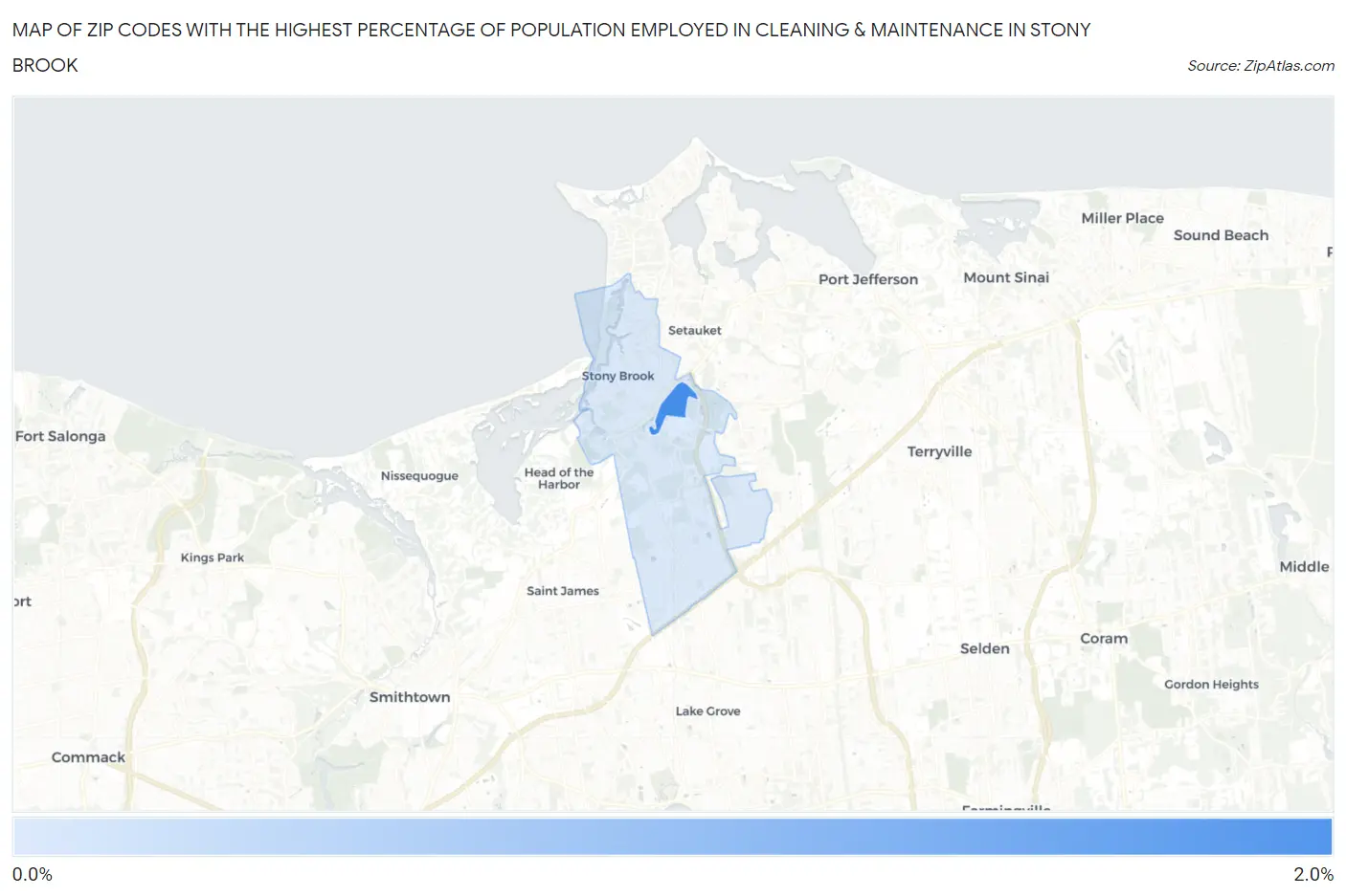 Zip Codes with the Highest Percentage of Population Employed in Cleaning & Maintenance in Stony Brook Map