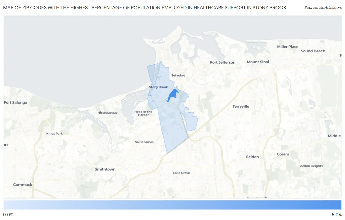 Zip Codes with the Highest Percentage of Population Employed in Healthcare Support in Stony Brook Map