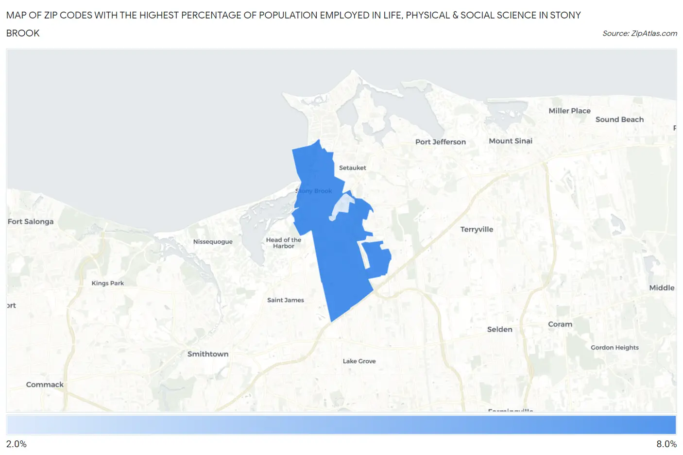 Zip Codes with the Highest Percentage of Population Employed in Life, Physical & Social Science in Stony Brook Map
