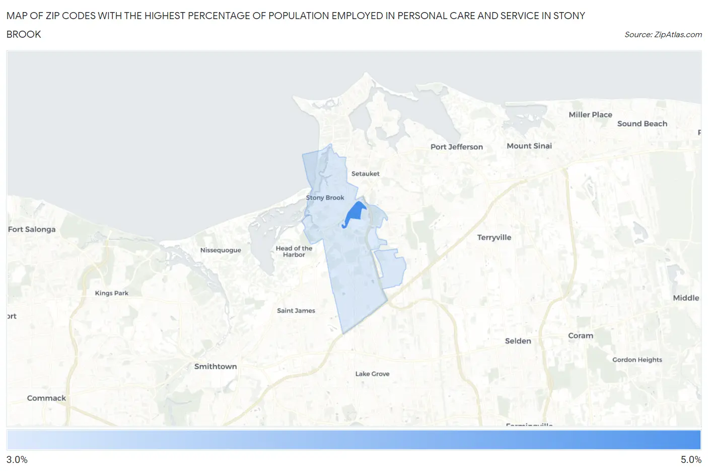 Zip Codes with the Highest Percentage of Population Employed in Personal Care and Service in Stony Brook Map