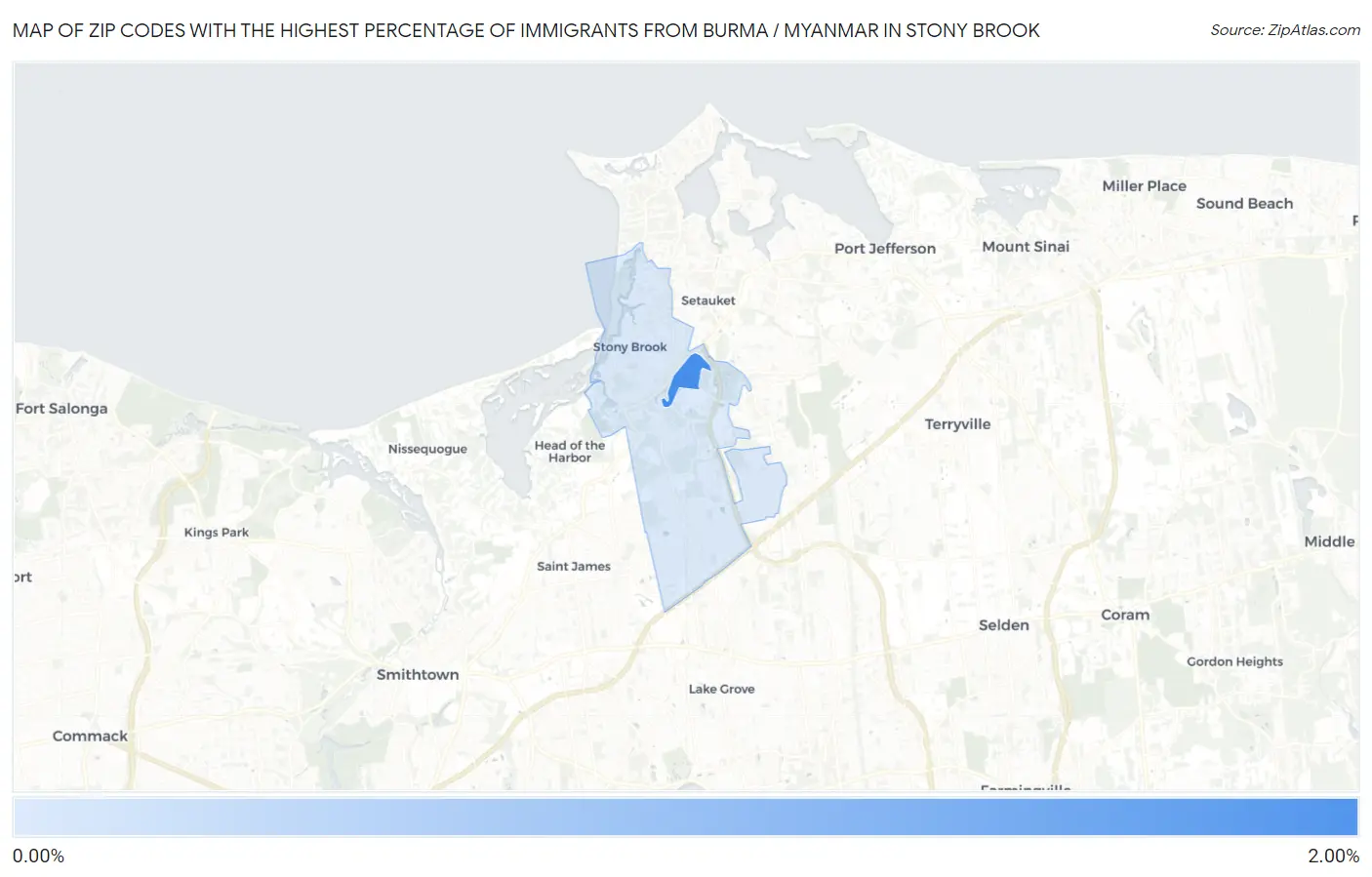 Zip Codes with the Highest Percentage of Immigrants from Burma / Myanmar in Stony Brook Map