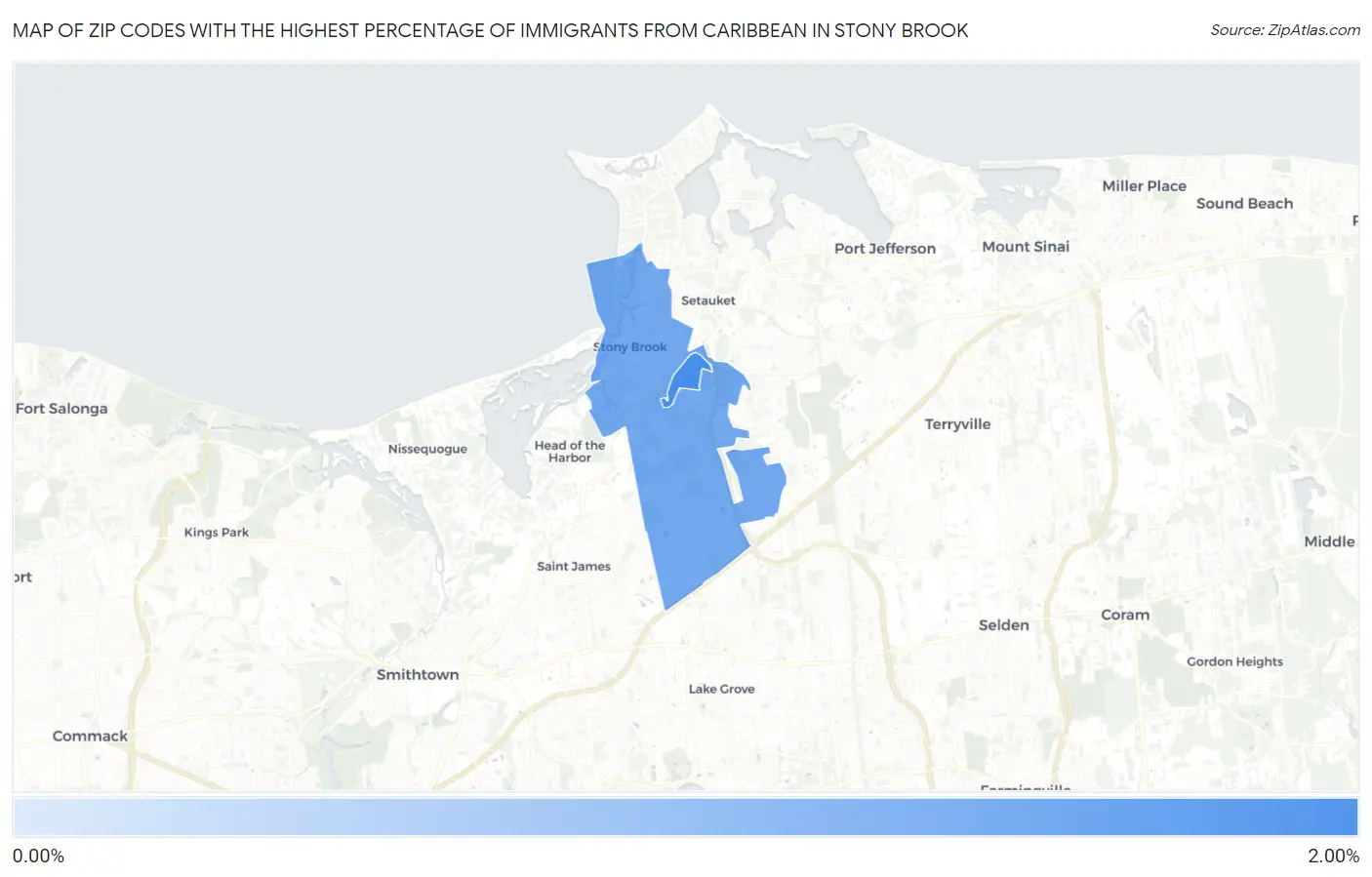 Zip Codes with the Highest Percentage of Immigrants from Caribbean in Stony Brook Map