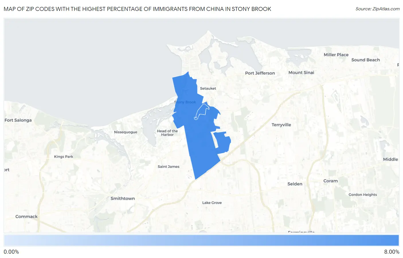 Zip Codes with the Highest Percentage of Immigrants from China in Stony Brook Map