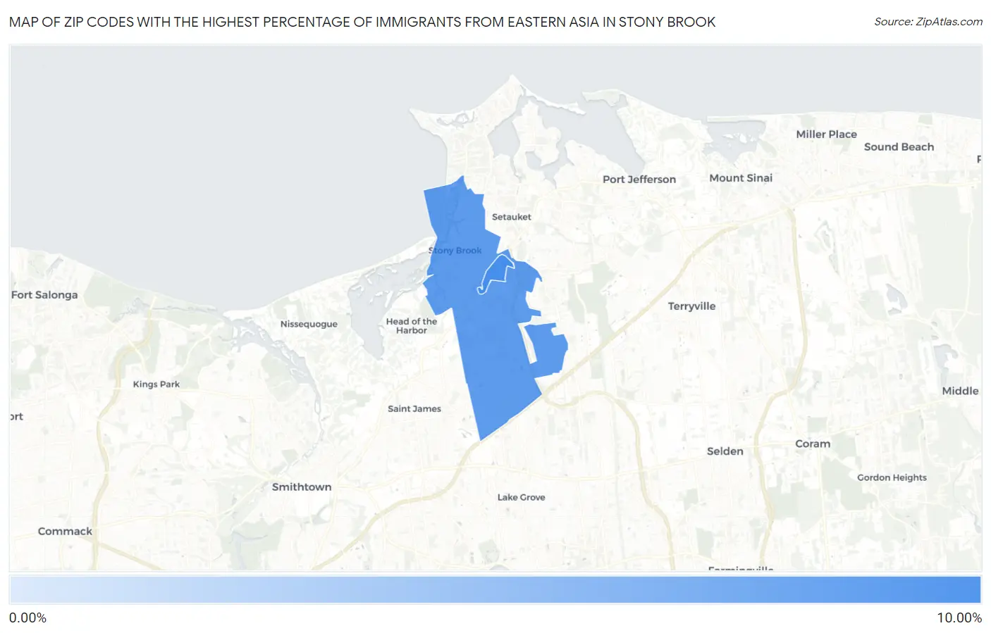 Zip Codes with the Highest Percentage of Immigrants from Eastern Asia in Stony Brook Map