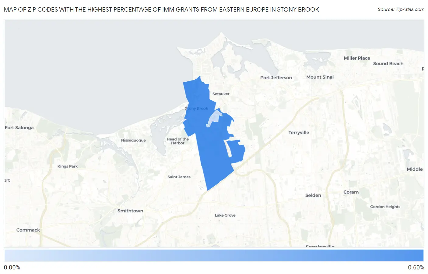 Zip Codes with the Highest Percentage of Immigrants from Eastern Europe in Stony Brook Map