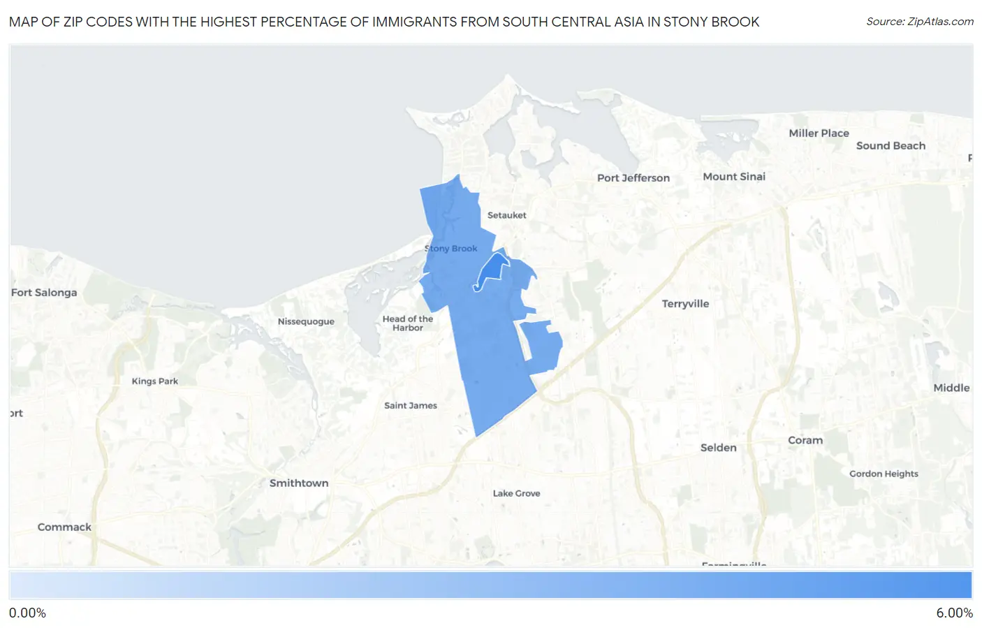 Zip Codes with the Highest Percentage of Immigrants from South Central Asia in Stony Brook Map