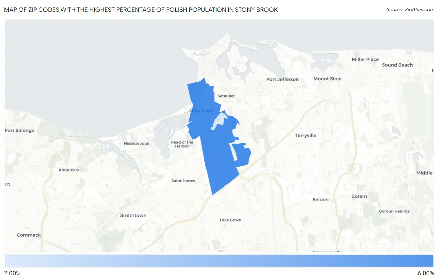 Zip Codes with the Highest Percentage of Polish Population in Stony Brook Map