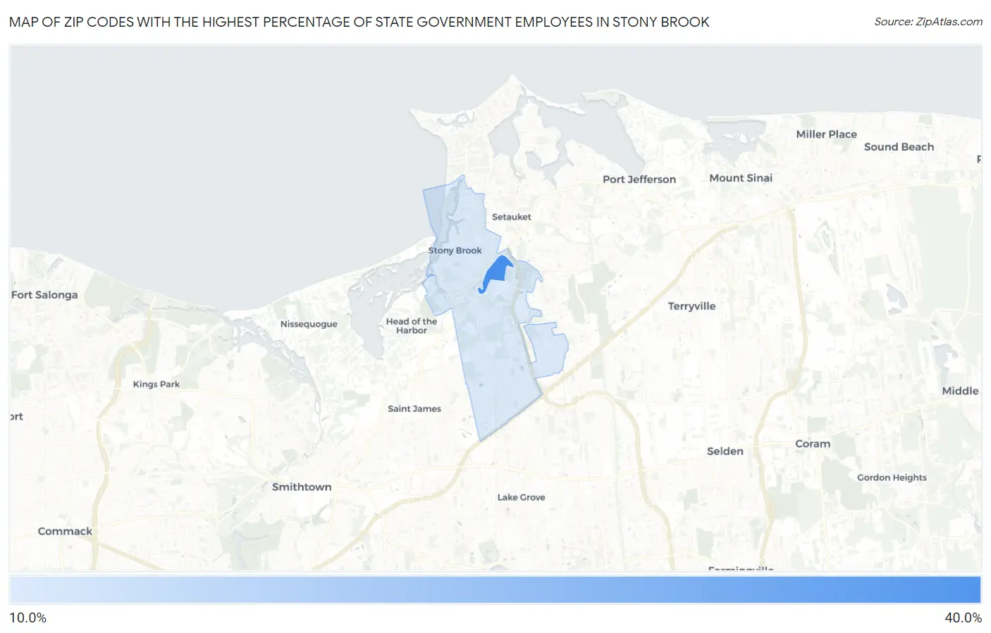 Zip Codes with the Highest Percentage of State Government Employees in Stony Brook Map