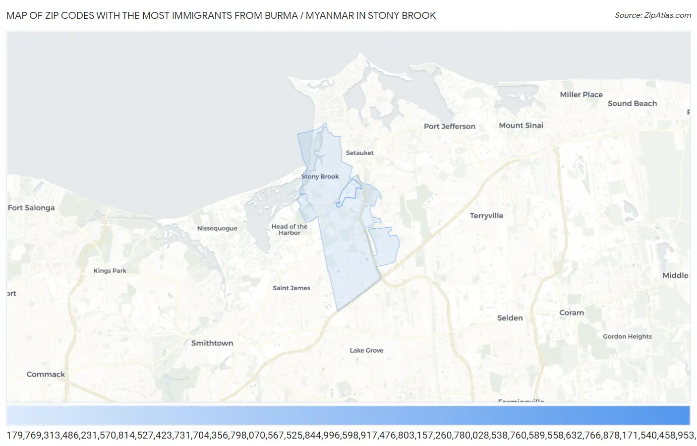 Zip Codes with the Most Immigrants from Burma / Myanmar in Stony Brook Map